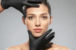 Viso di una donna che viene esaminato da un chirurgo