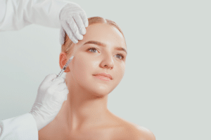 Un medico chirurgo che esegue delle punture di botox sul viso di una ragazza