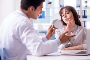 Un chirurgo e una paziente che si confrontano sull'intervento di plastica facciale